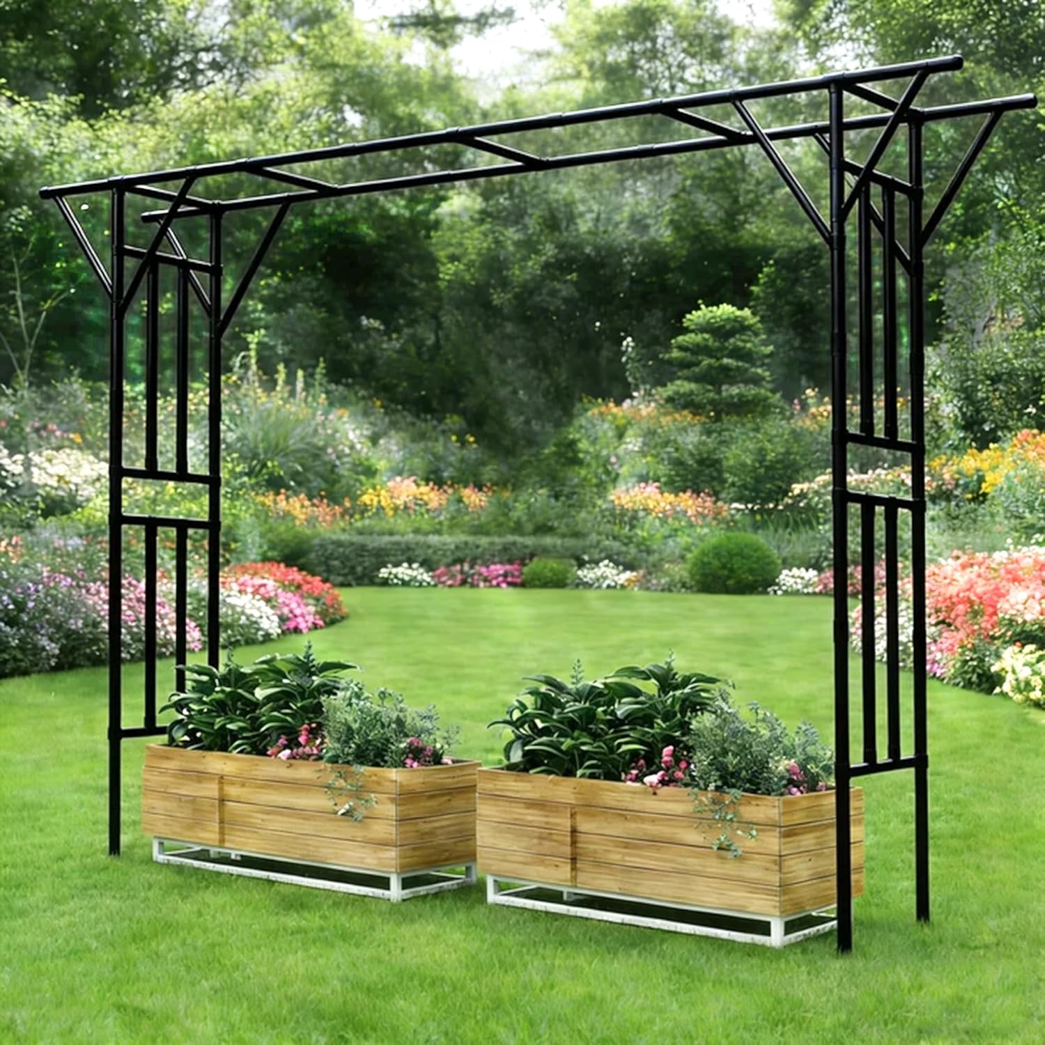 Black Metal Garden Arch Pergola with Planter Boxes - 275cm Wide