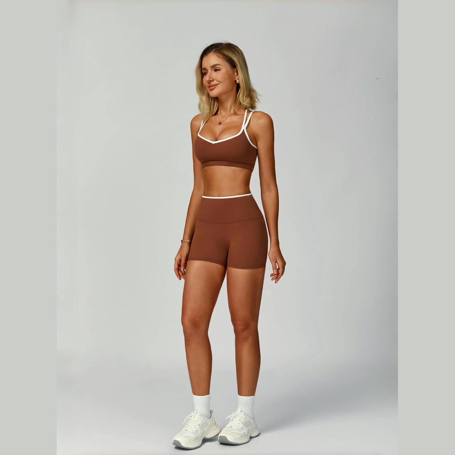 Mocha Brown Yoga Set – Sports Bra & High-Waist Shorts — view 5