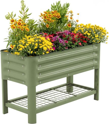 Sage Green Elevated Steel Garden Bed