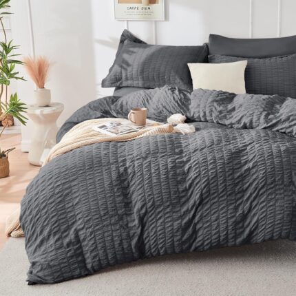 Charcoal Grey Grid Textured Duvet Cover Set