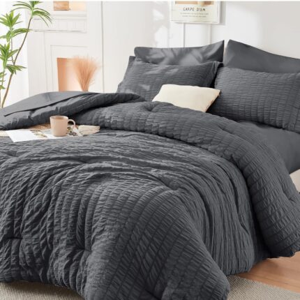Charcoal Grey Grid Textured Duvet Cover Set