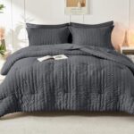 Charcoal Grey Grid Textured Duvet Cover Set
