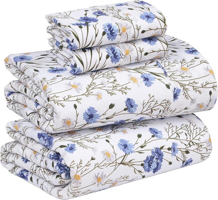 Floral Percale Cotton Bedding Set - Blue & White Botanical Print