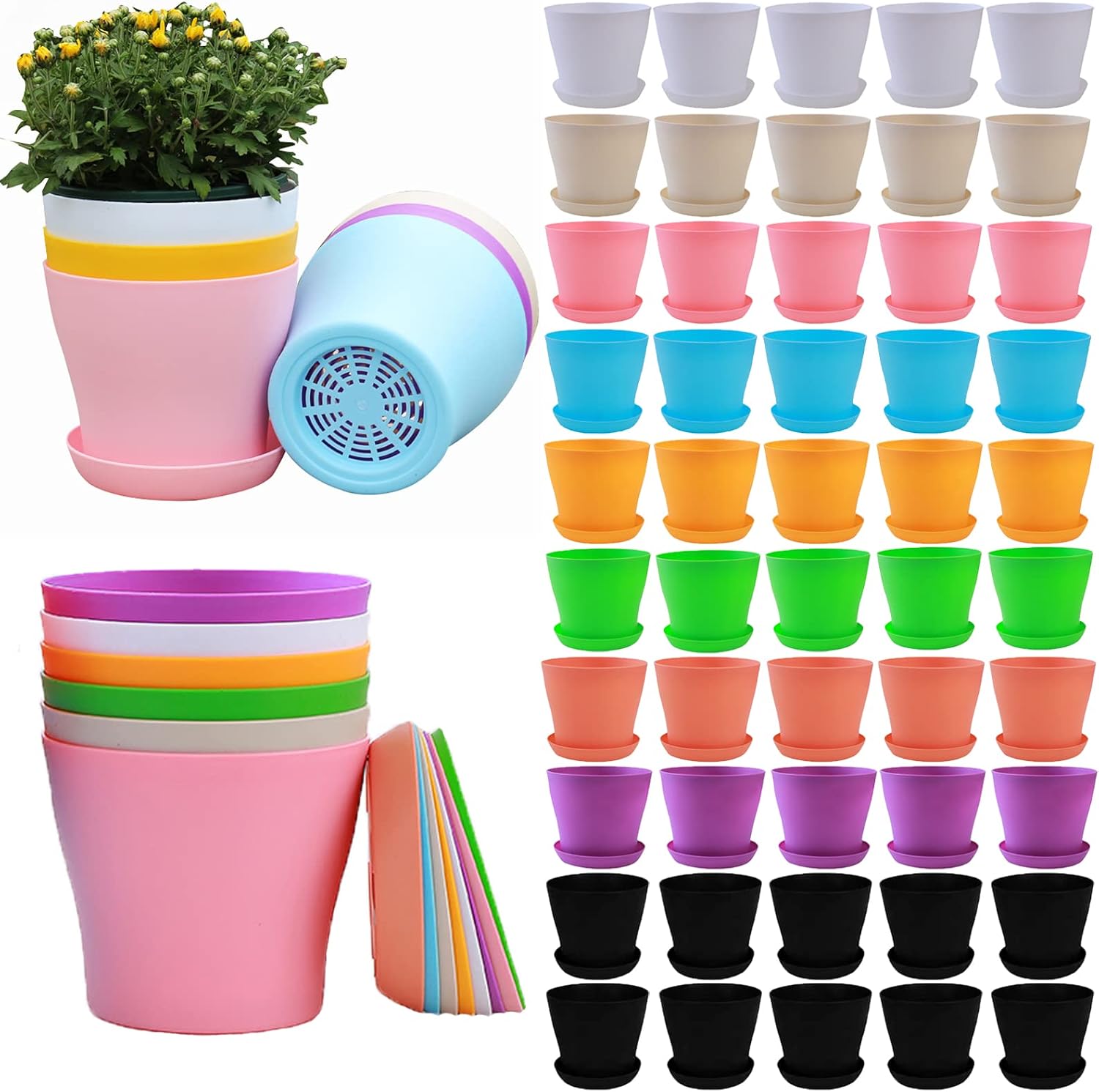 Colorful Plastic Nursery Pots with Drainage & Saucers