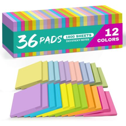 Vibrant 3×3 Sticky Notes Bulk Pack – 36 Pads, 12 Assorted Colors