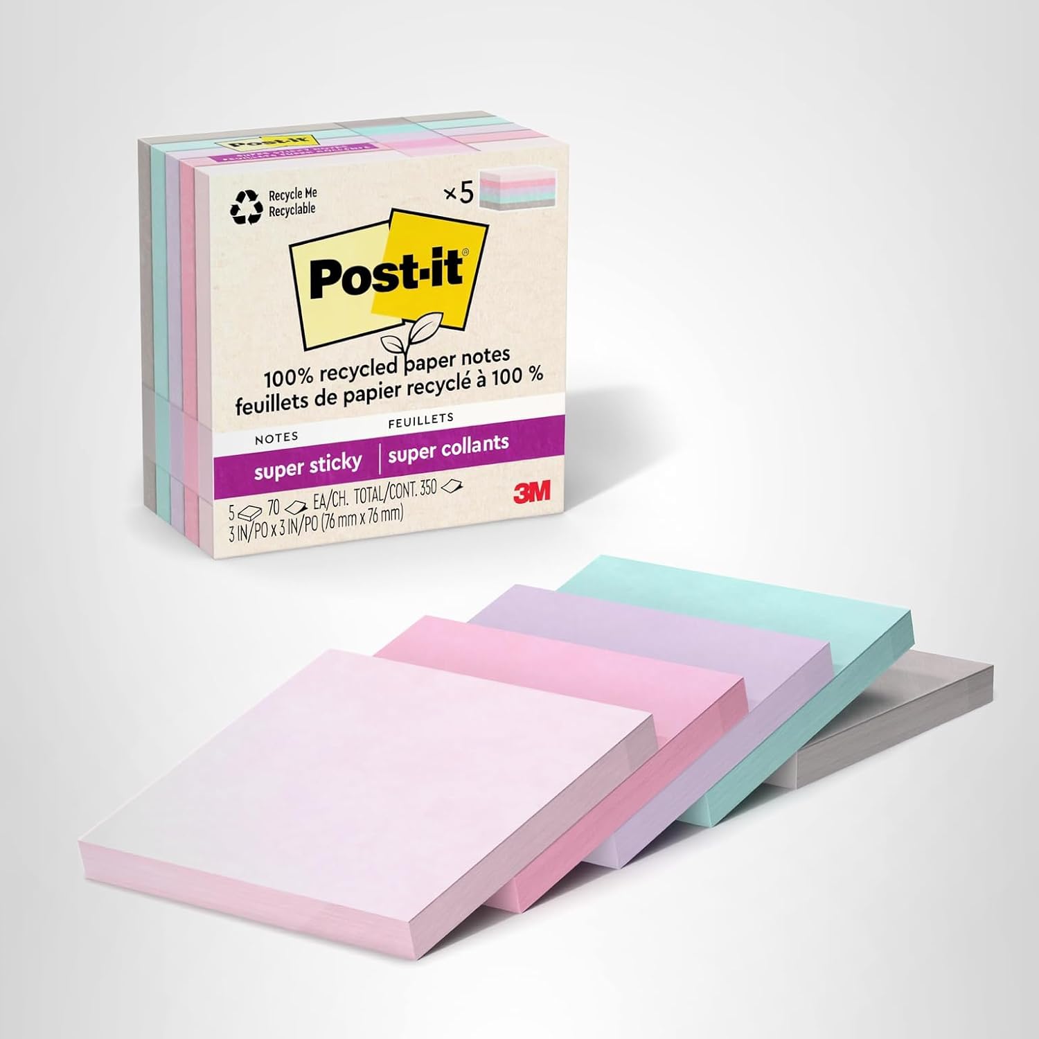 Recycled Paper Sticky Notes Wanderlust Pastel Super Sticky Notes — 5 Pads, 3×3 Inch