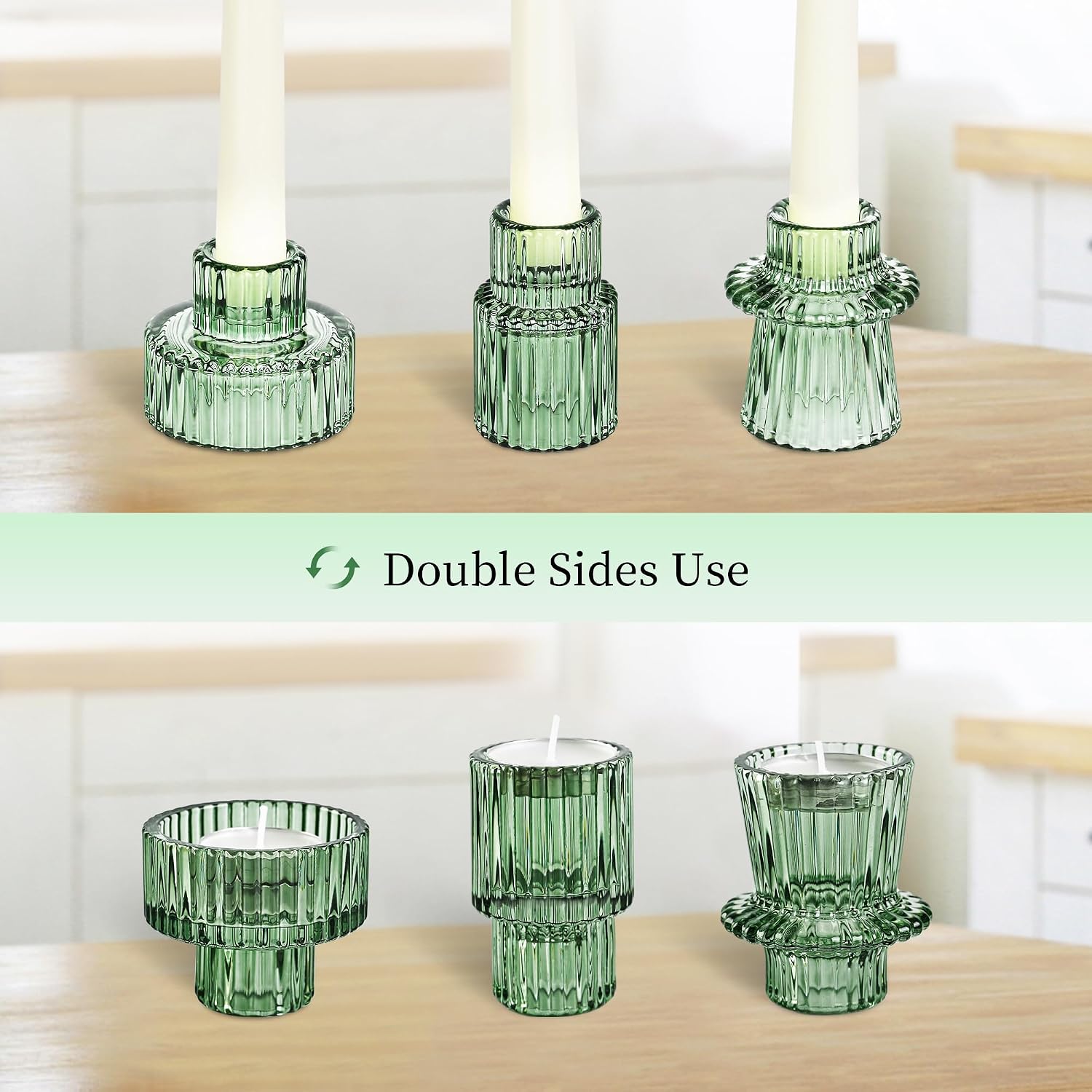 Emerald Ribbed Glass Candle Holders - Hình 6