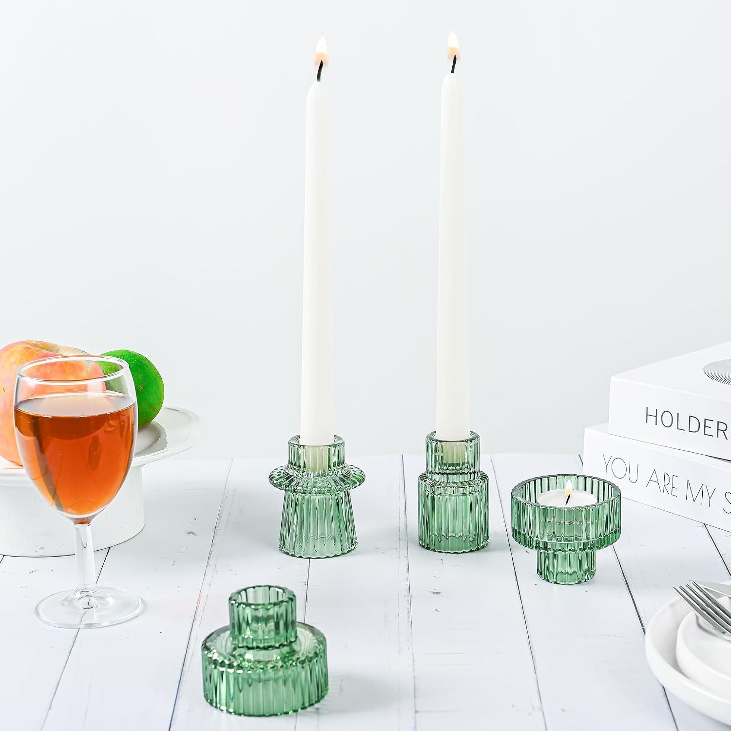 Emerald Ribbed Glass Candle Holders - Hình 8