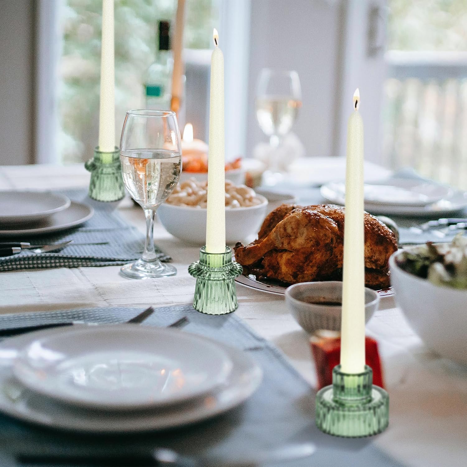 Emerald Ribbed Glass Candle Holders - Hình 5
