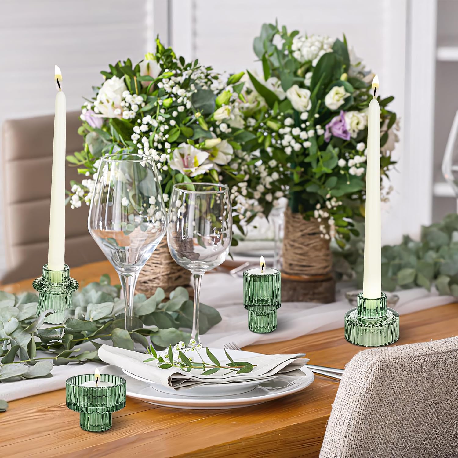 Emerald Ribbed Glass Candle Holders - Hình 2