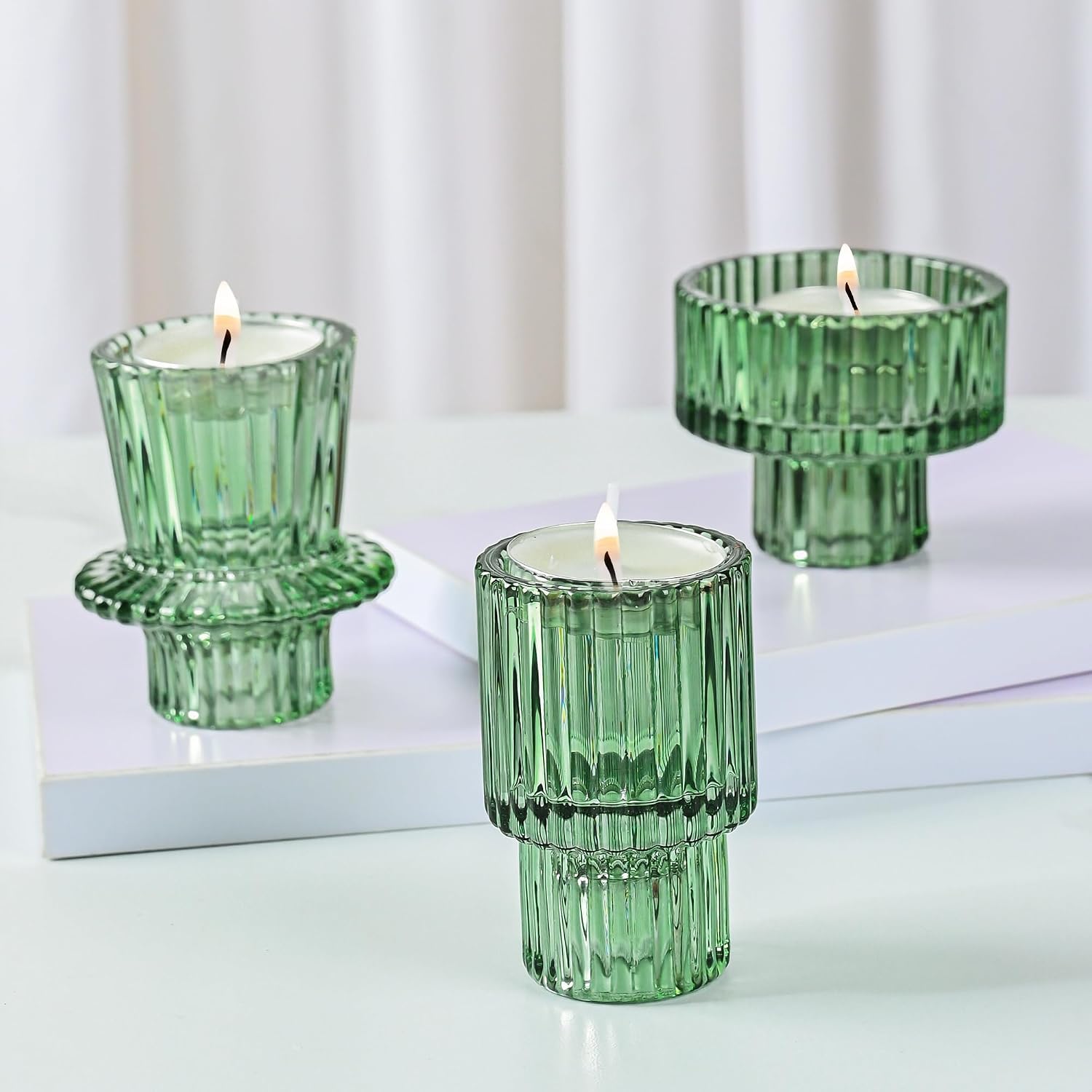 Emerald Ribbed Glass Candle Holders - Hình 9