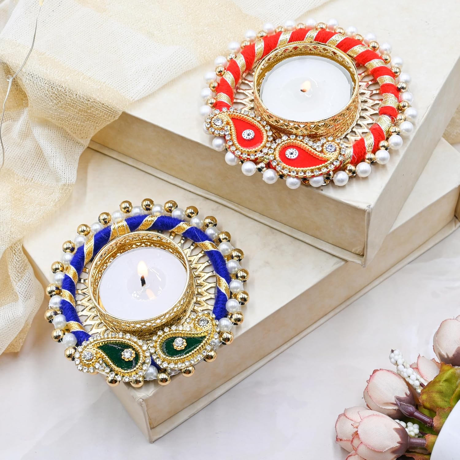 Handcrafted Pearl Thread Tealight Holders - Hình 2