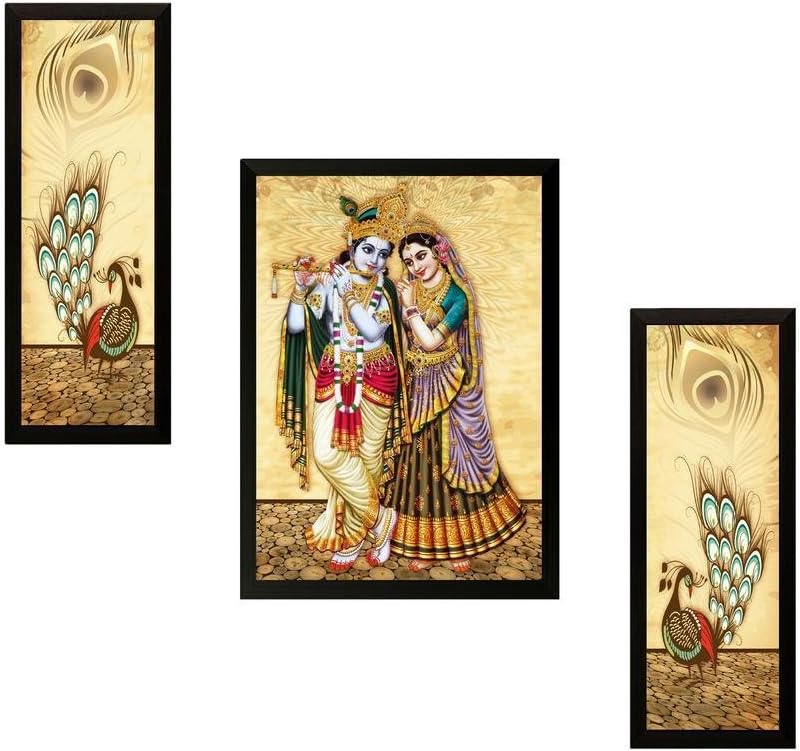 Divine Radha Krishna Peacock Feather Wall Art Panel Set