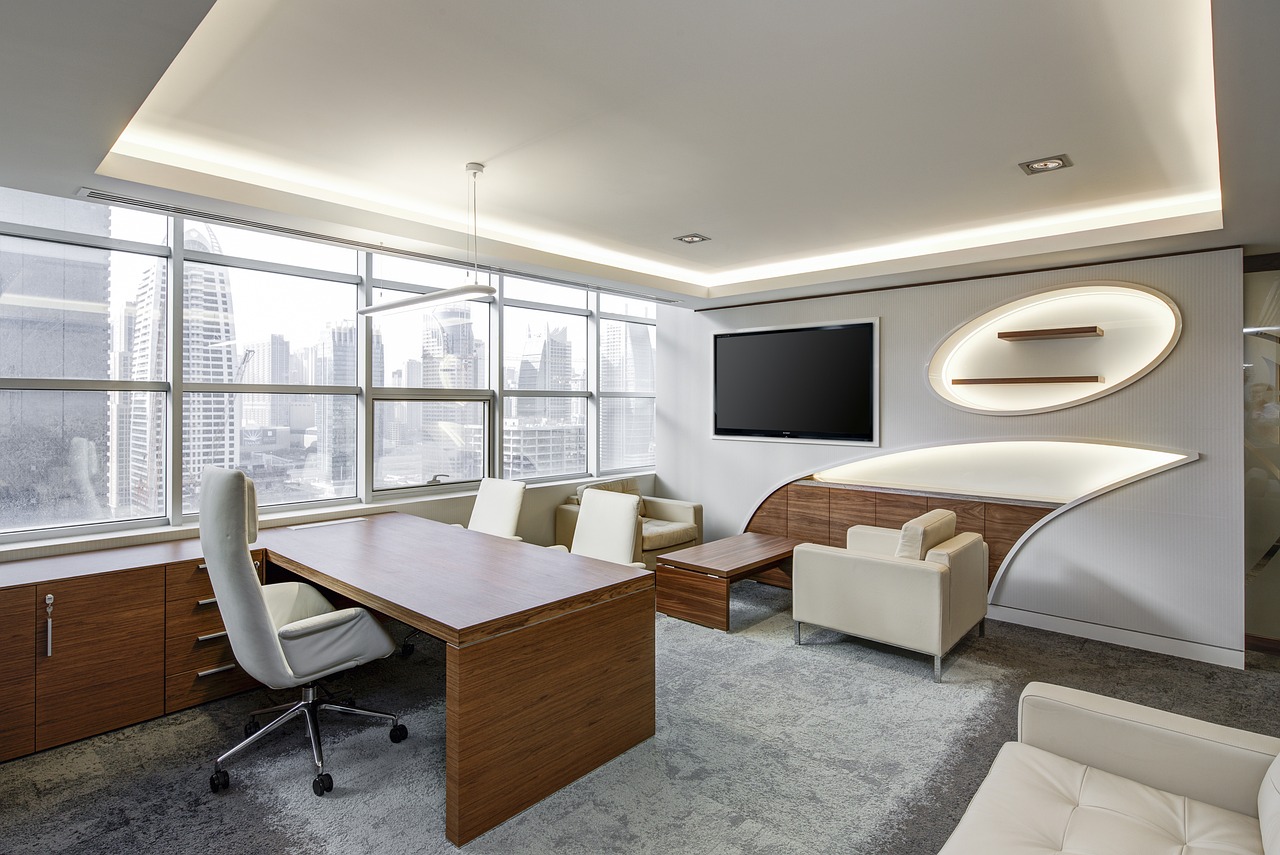 Modern office furniture with executive desk, chairs and workspace interior