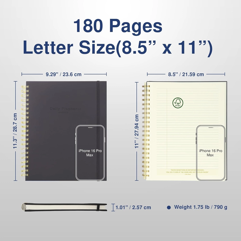 Undated Daily Planner: Letter Size, Gold Spiral, 180 Pages — view 2