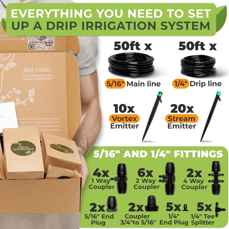 Garden Drip Irrigation Kit with Vortex & Stream Emitters