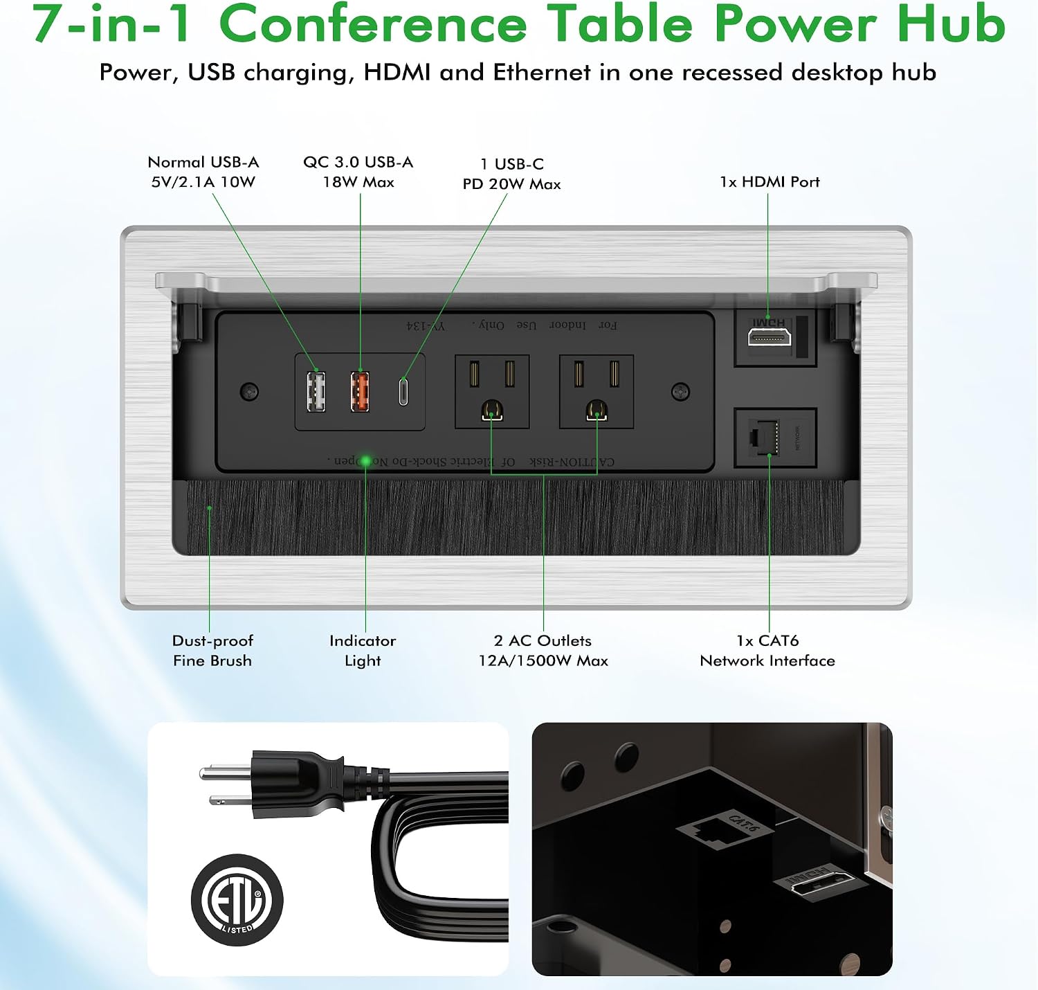 7-in-1 Recessed Conference Table Power Hub - Hình 2