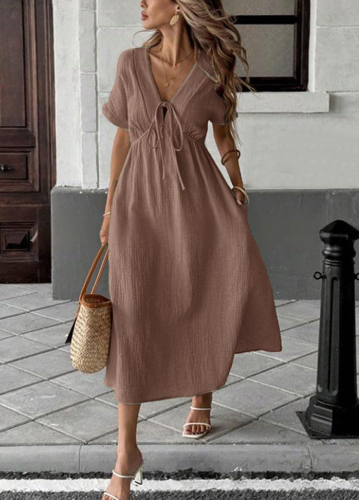 chouyatou Women's Summer Boho V-Neck Cotton Tunic Dress Casual Loose — view 2