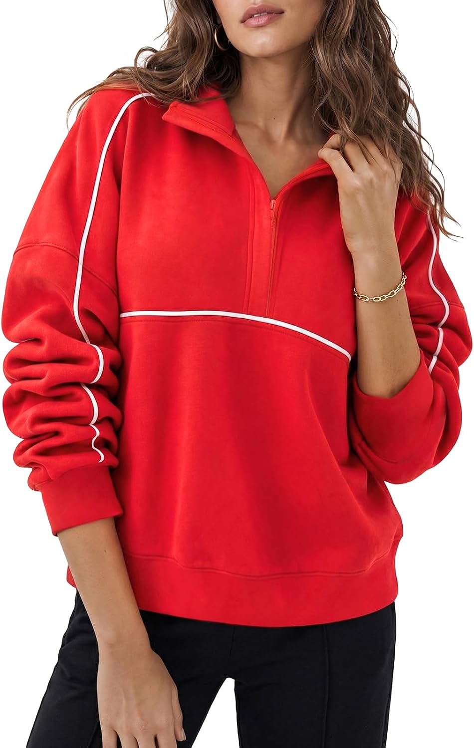 Fisoew Womens Sweatshirts Casual Long Sleeve Collared Zipper V Neck