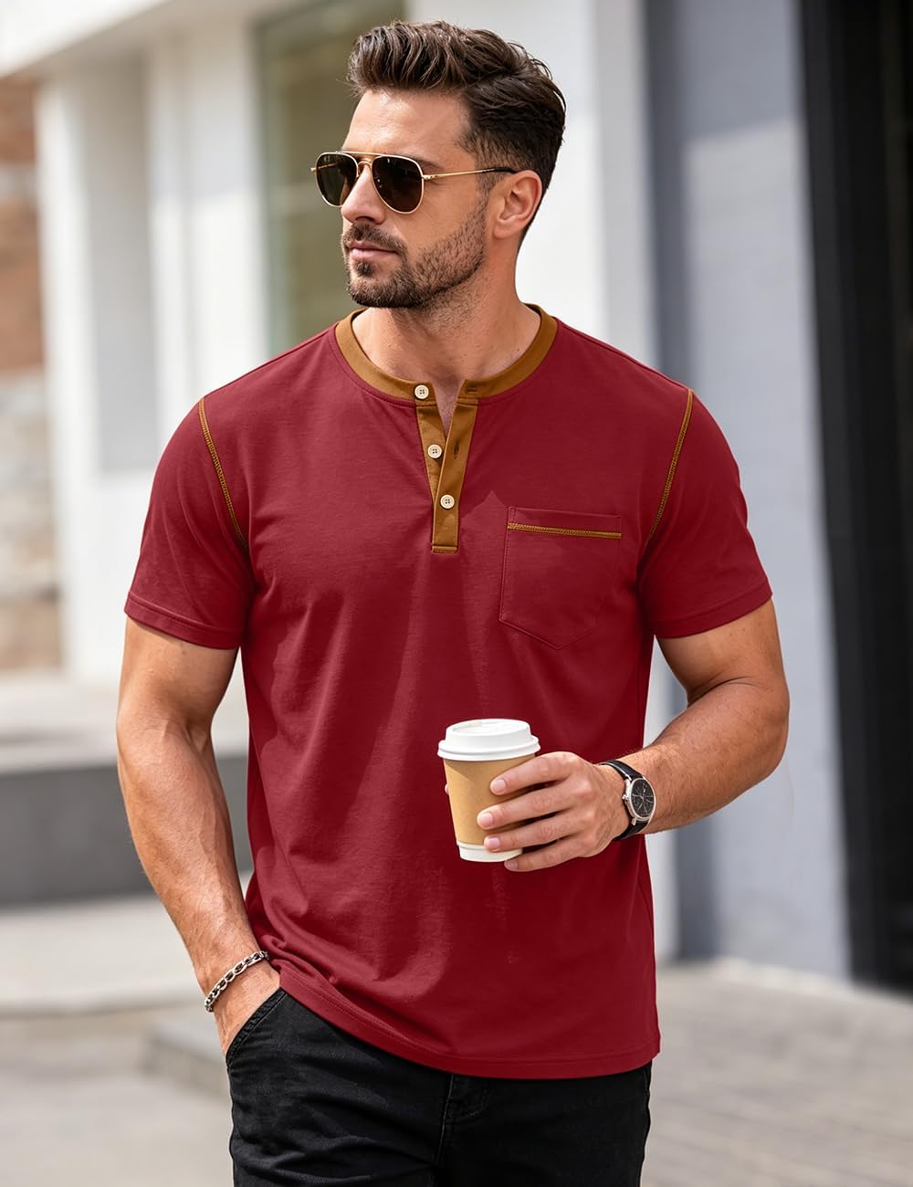 LINENNMAIN Men's Henley Shirt Casual Button Short Sleeve T-Shirt Summer — view 5