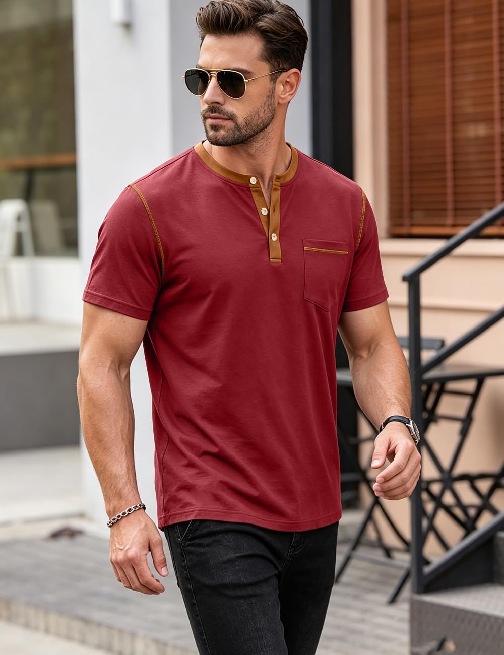 LINENNMAIN Men's Henley Shirt Casual Button Short Sleeve T-Shirt Summer — view 3