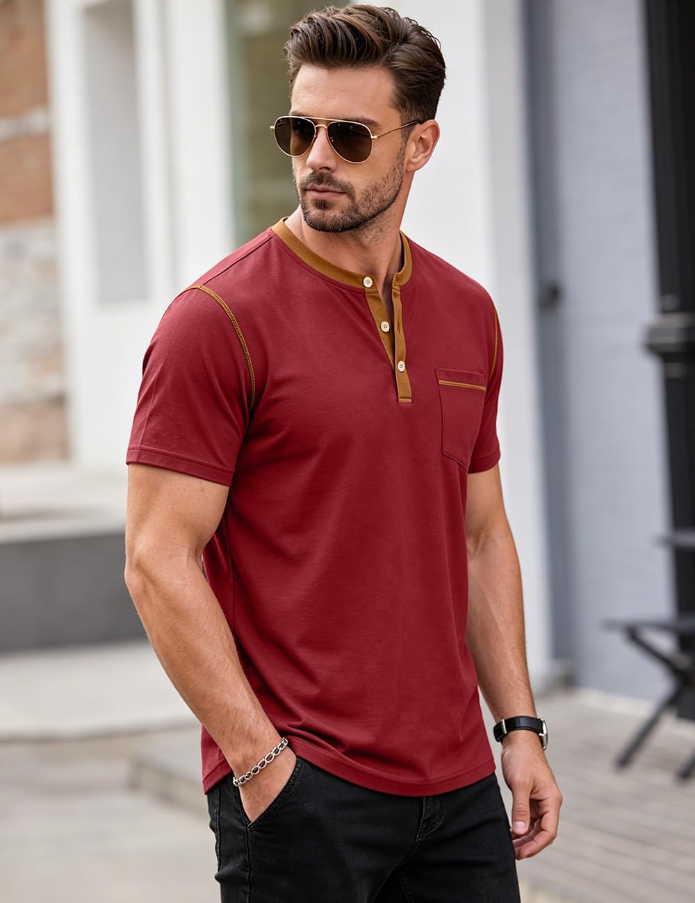 LINENNMAIN Men's Henley Shirt Casual Button Short Sleeve T-Shirt Summer — view 2