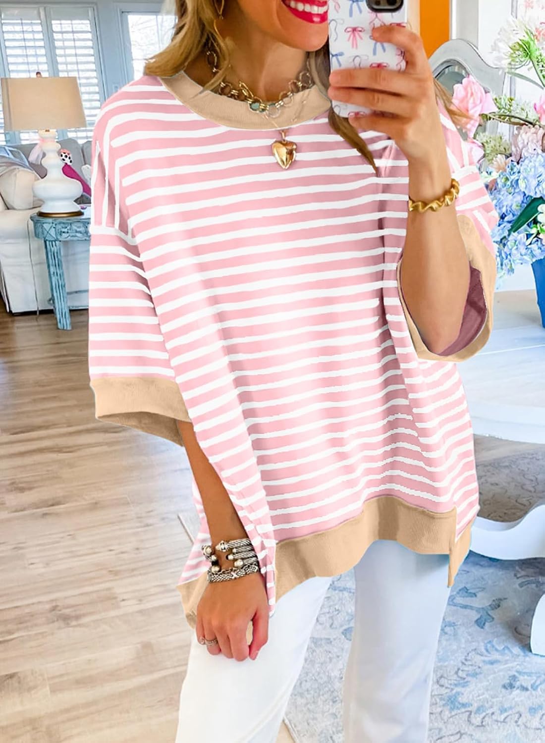 SHEWIN Womens Oversized Tops Crewneck Striped Sweatshirt Pullover Shirt — view 2