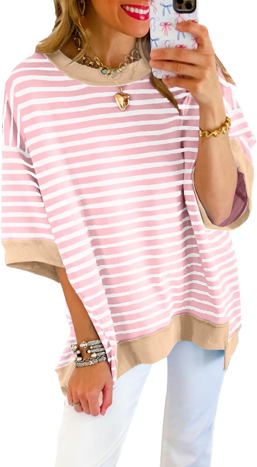 SHEWIN Womens Oversized Tops Crewneck Striped Sweatshirt Pullover Shirt