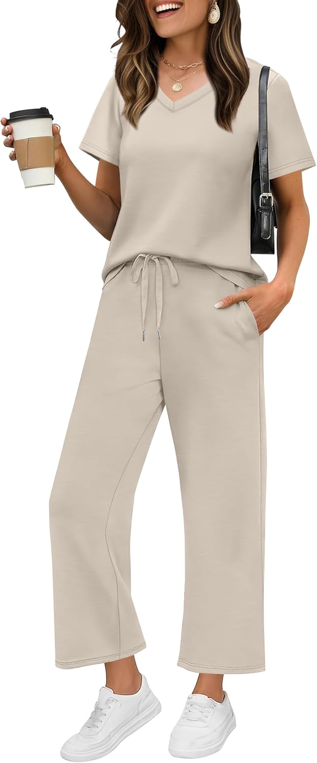 WIHOLL 2 Piece Sets for Women Summer Lounge Set Wide Leg Pants Matching