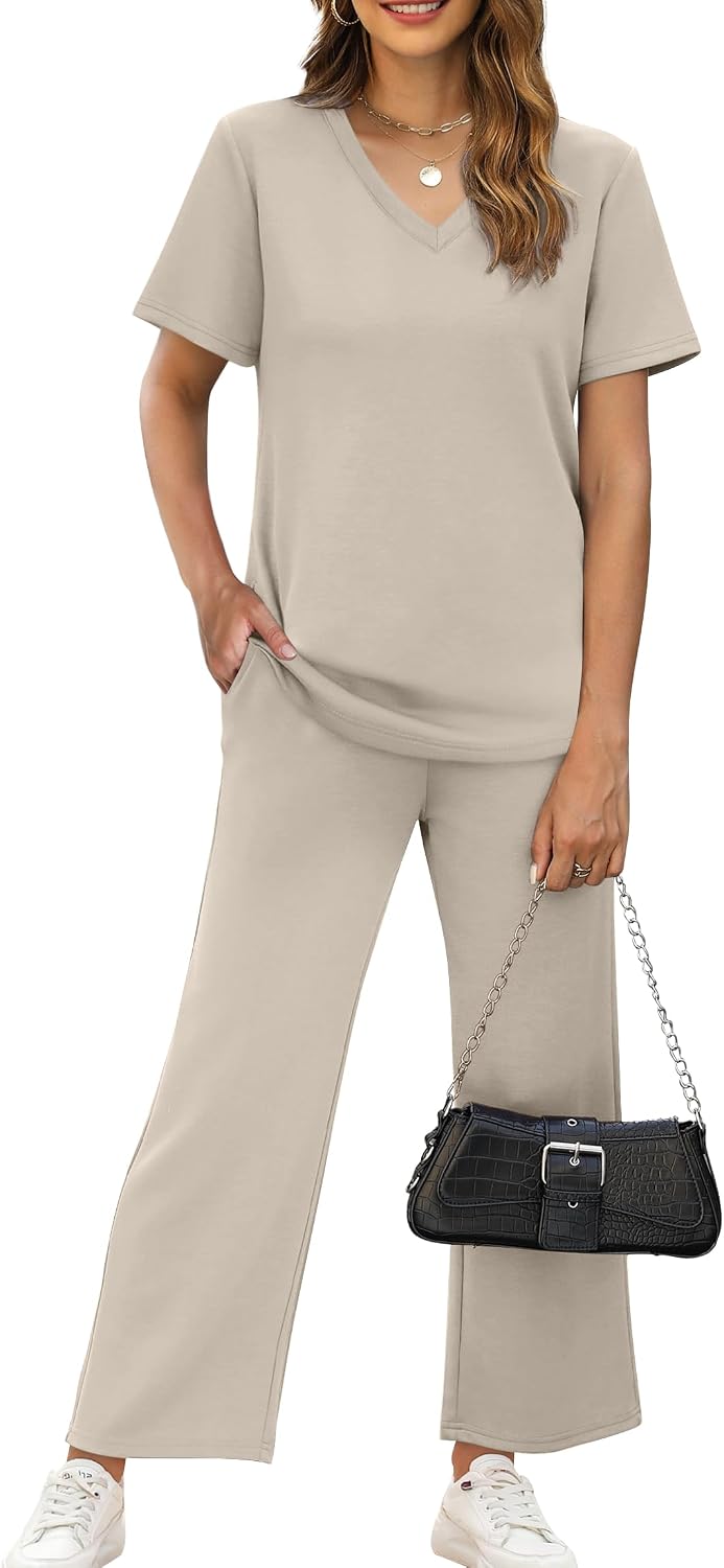 WIHOLL 2 Piece Sets for Women Summer Lounge Set Wide Leg Pants Matching — view 2
