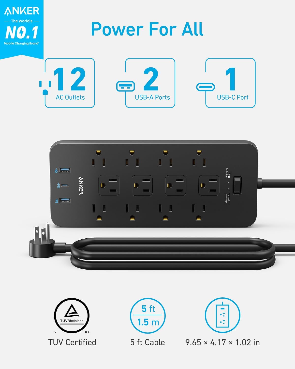 Anker Power Strip with 2100J Surge Protector, Outlet Extender, 20W, 12 — view 2