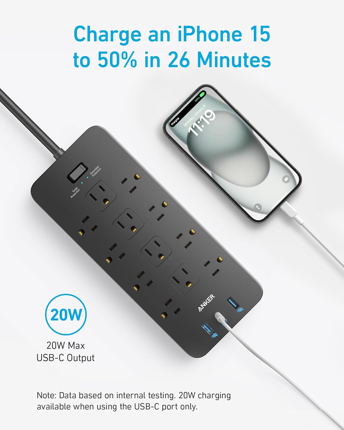 Anker Power Strip with 2100J Surge Protector, Outlet Extender, 20W, 12 — view 7
