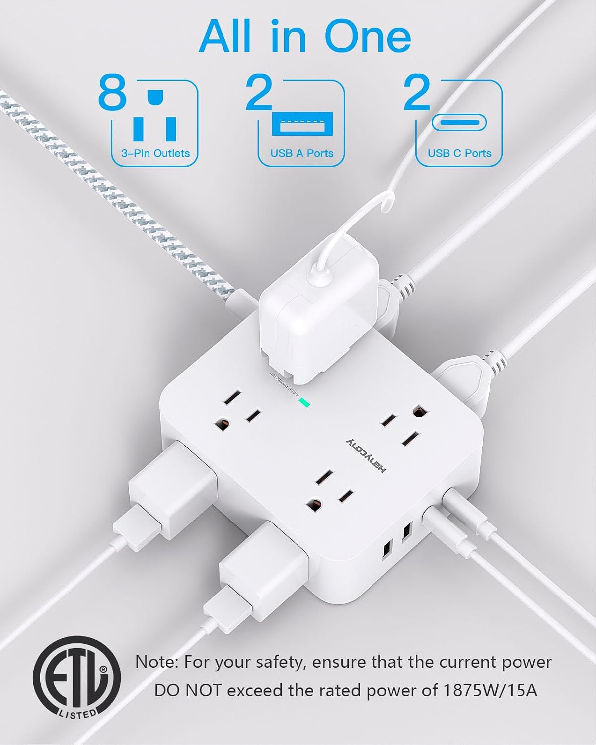 HANYCONY Surge Protector Power Strip, 1080J, 5 Ft Braided Extension Cord — view 2