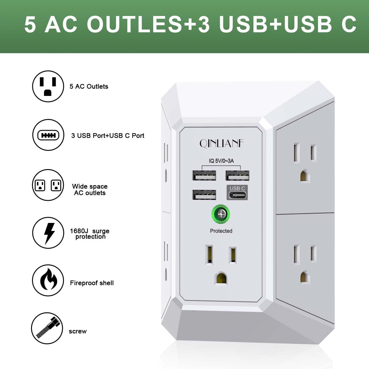 Wall Charger, Surge Protector, QINLIANF 5 Outlet Extender with 4 USB — view 2