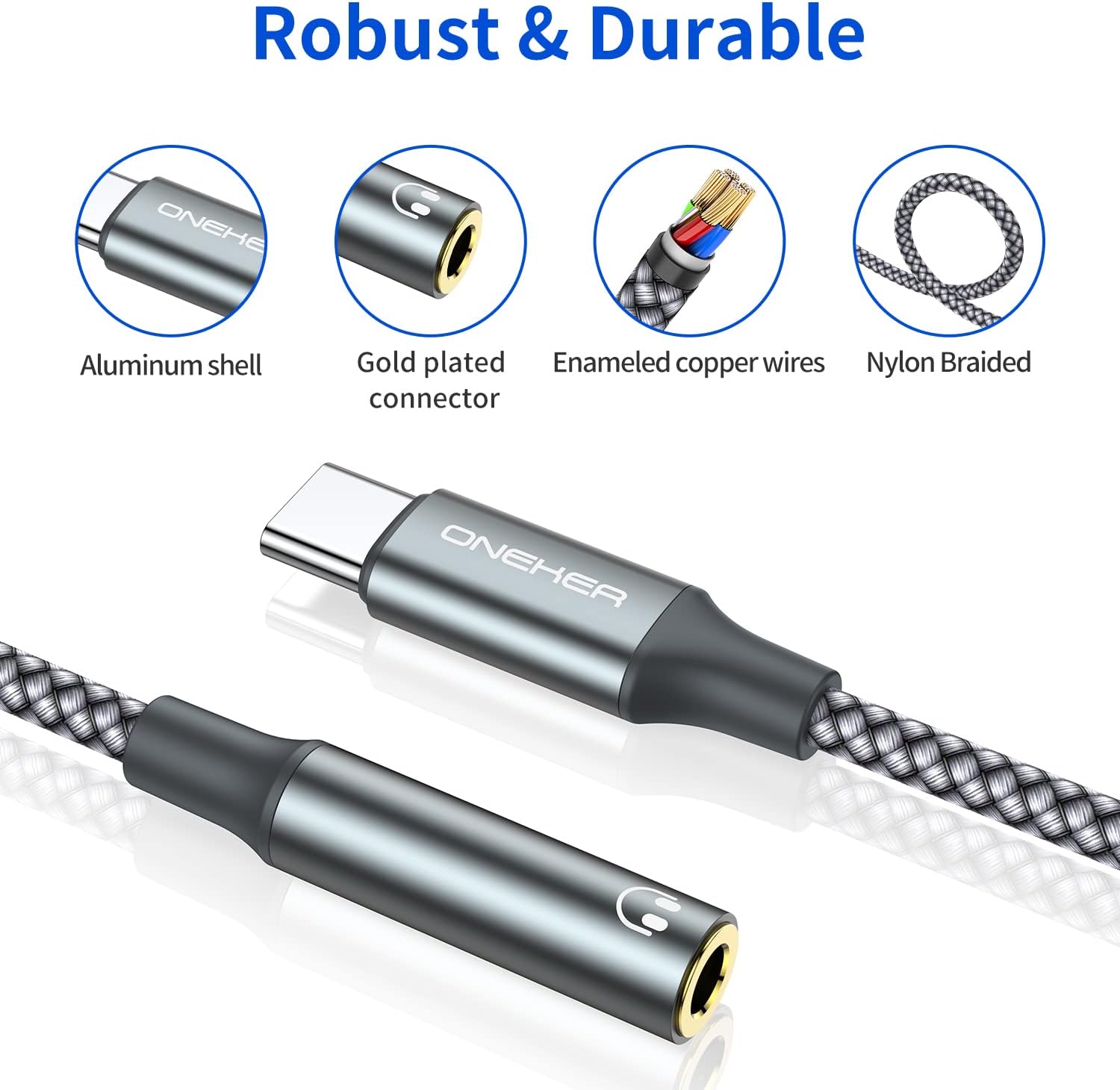 OneKer USB Type C to 3.5mm Headphone Jack Adapter, (2-Pack) USB C to — view 4