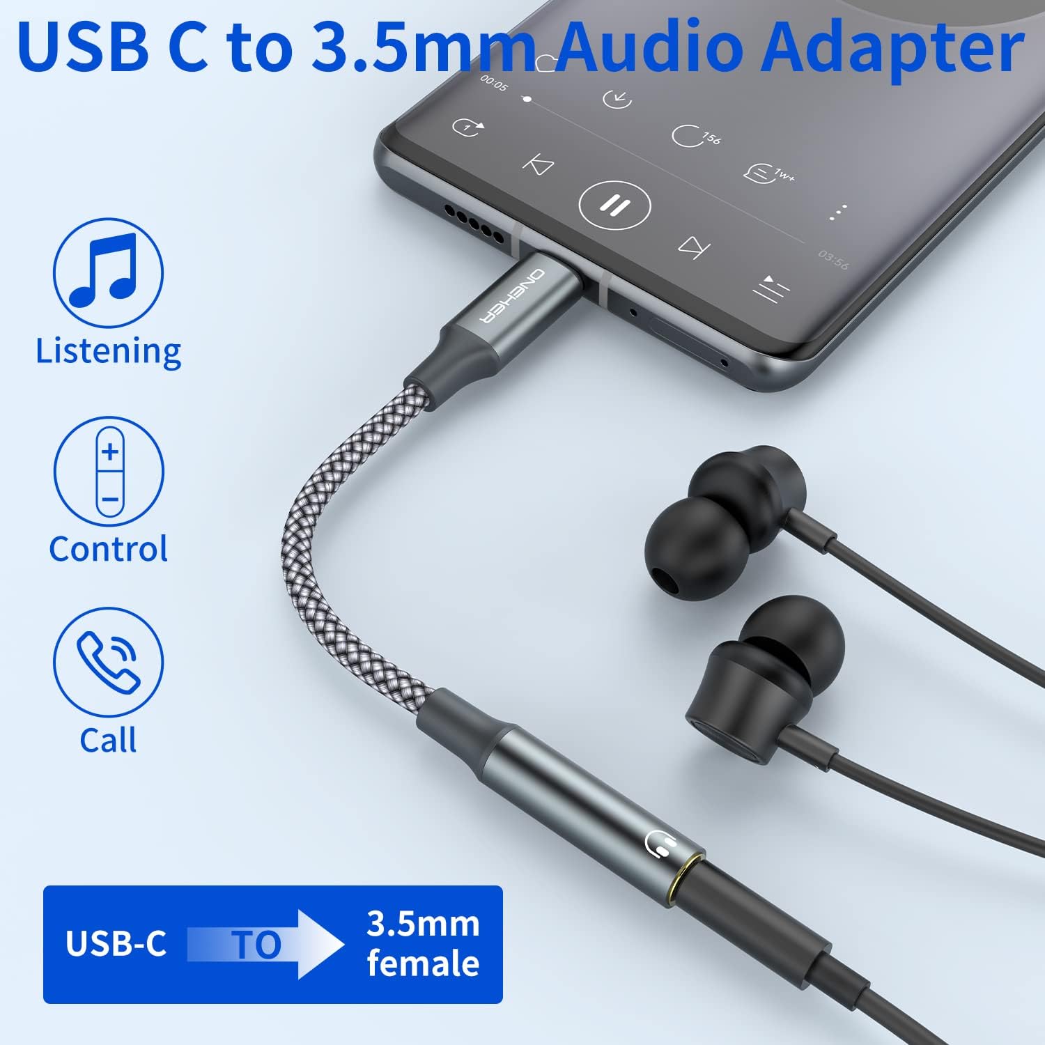 OneKer USB Type C to 3.5mm Headphone Jack Adapter, (2-Pack) USB C to — view 2
