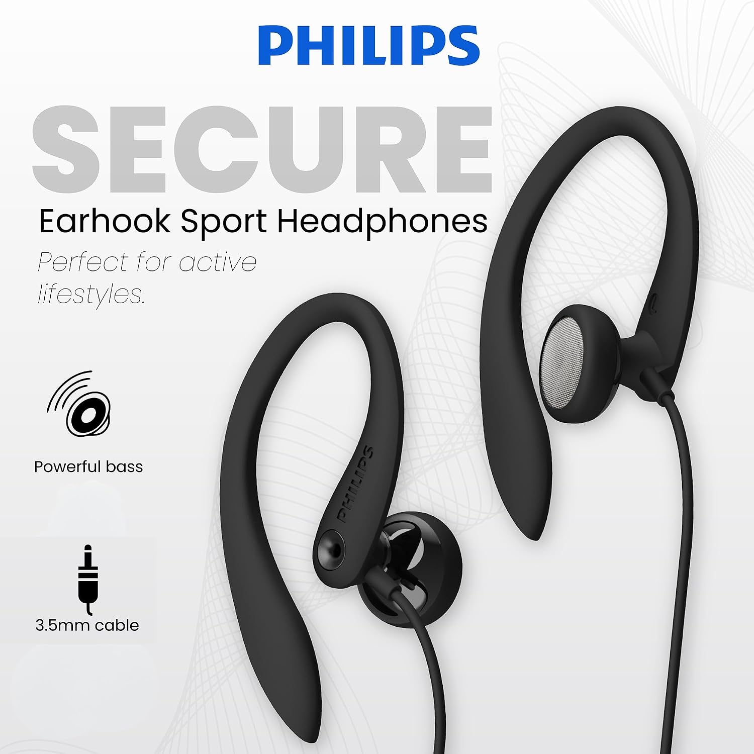 PHILIPS SHS3200BK Flexible Earhook Headphones, Black — view 2