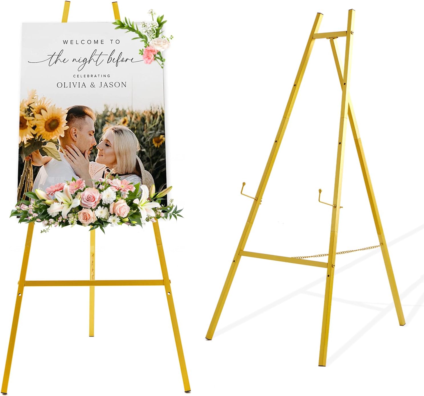 Milostelom Gold Easel Stand for Sign, 43.5in Heavy Duty | 43.5in height, 4 adjustable tiers, holds 30 lbs, wedding signs, photos, mirrors