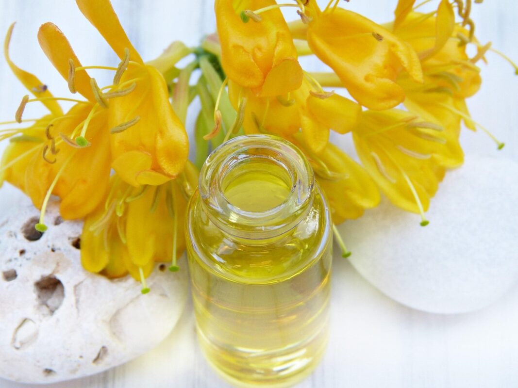 Amber glass fragrance oil bottles with labels