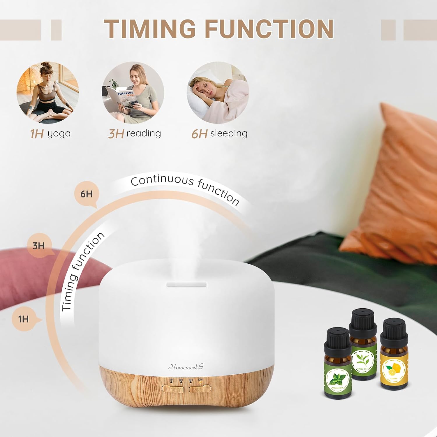 Homeweeks Essential Oil Diffuser for Room Aromatherapy Scent Diffuser - Auto Off Ultrasonic Aroma — view 6