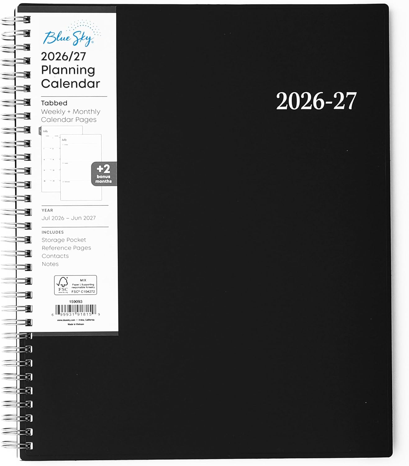 Blue Sky 2026-2027 Black Academic Spiral Planner - Weekly & Monthly