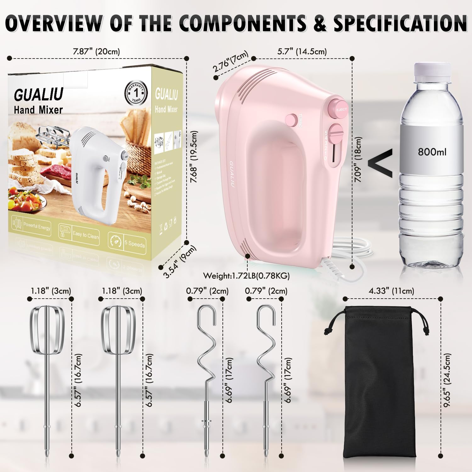 GUALIU Electric Hand Mixer, 304*(2* Beaters, 2* Dough Hooks), (1* Storage — view 2