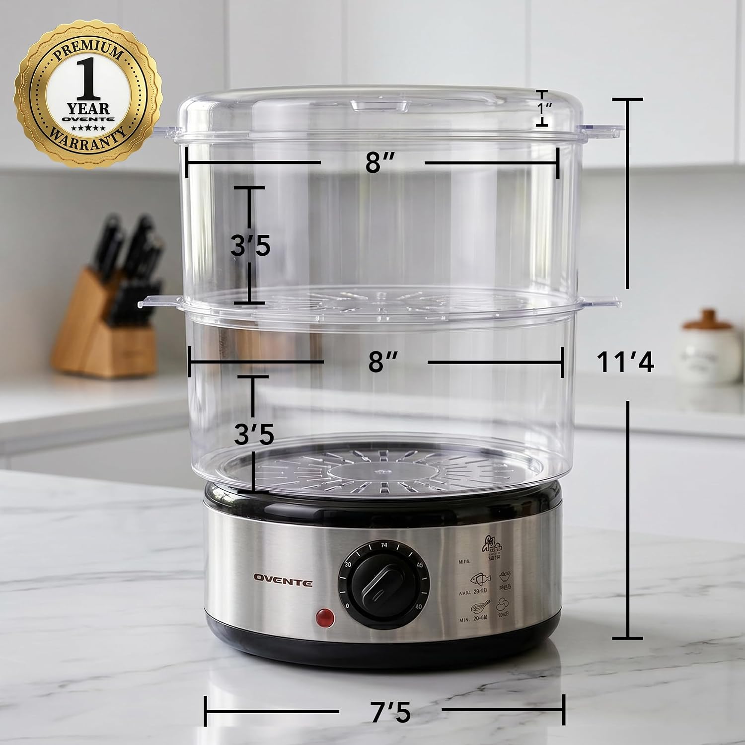 OVENTE 2-Tier Electric Food Steamer, 5 Qt Stainless Steel, Silver FS62S — view 2