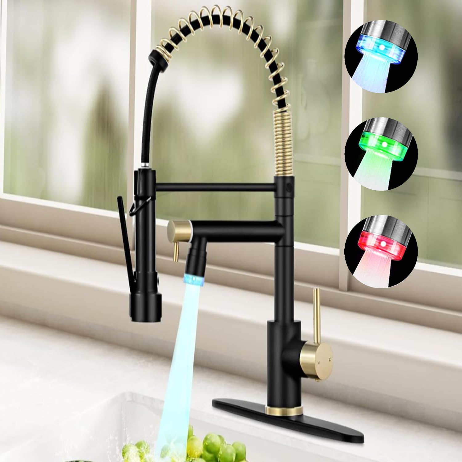 VIDEC Smart Kitchen Faucet, 3 Modes Pull Down Sprayer, LED Temperature