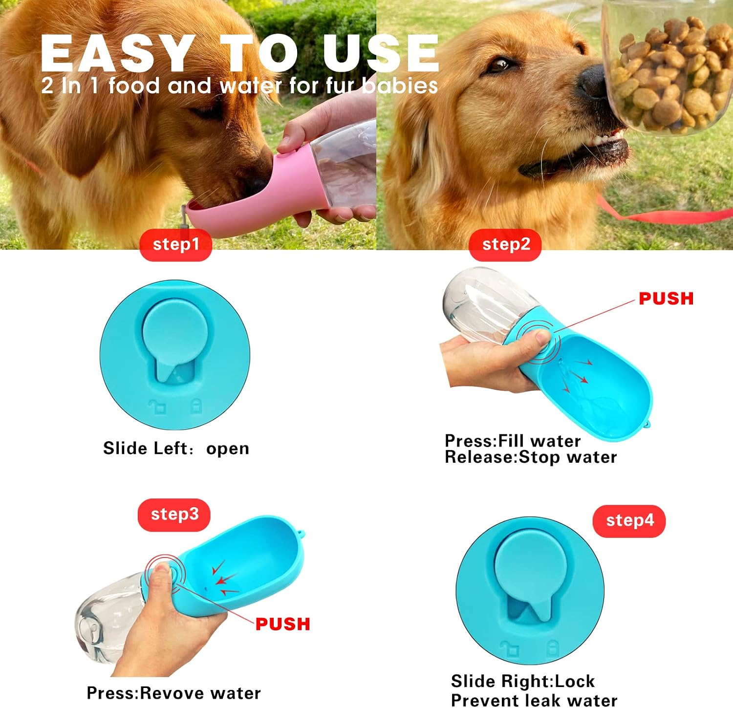 AVELORA Dog Water Bottle with Food Container, Portable Leak Proof Pet Water Dispenser for Walking Hiking Travel, Puppy Essentials Accessories for Small Large Dogs, Dog Gifts (10oz/15oz/19oz) - Image 4