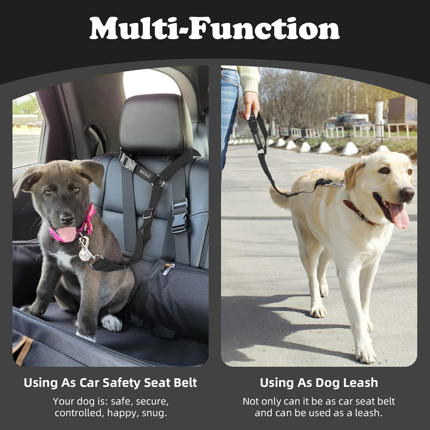 BWOGUE 2 Pack Dog Seat Belt for Car, Headrest Restraint Safety Leads | Headrest Loop for Car Travel, 18-30 in Adjustable, 2-in-1 Seat Belt and Leash, 2 Pack for Dogs and Cats, Use with Dog Harness - Image 6