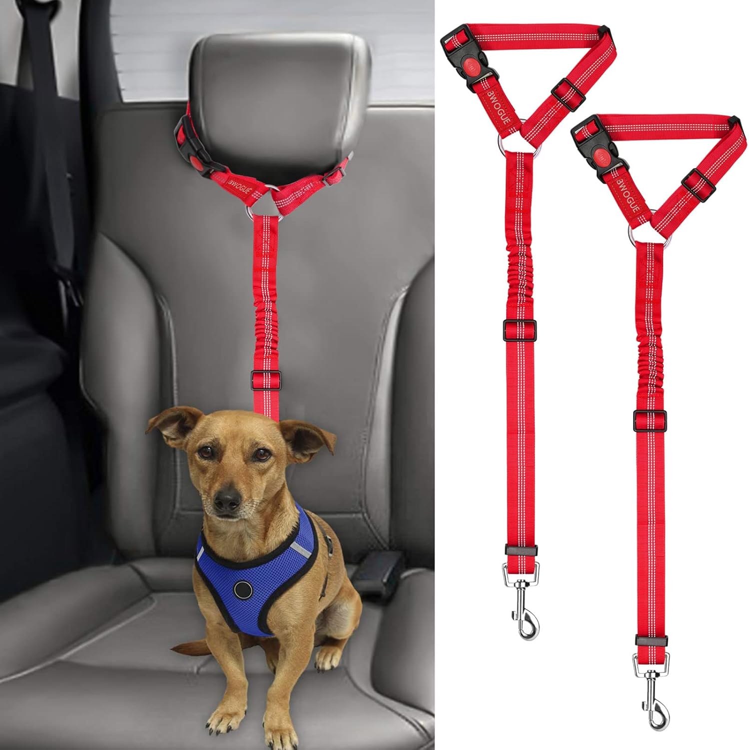 BWOGUE 2 Pack Dog Seat Belt for Car, Headrest Restraint Safety Leads | Headrest Loop for Car Travel, 18-30 in Adjustable, 2-in-1 Seat Belt and Leash, 2 Pack for Dogs and Cats, Use with Dog Harness - Image 11