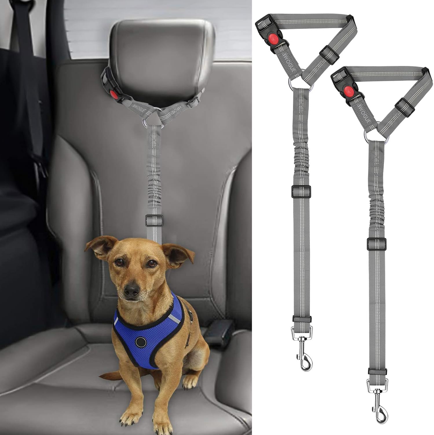 BWOGUE 2 Pack Dog Seat Belt for Car, Headrest Restraint Safety Leads | Headrest Loop for Car Travel, 18-30 in Adjustable, 2-in-1 Seat Belt and Leash, 2 Pack for Dogs and Cats, Use with Dog Harness - Image 10
