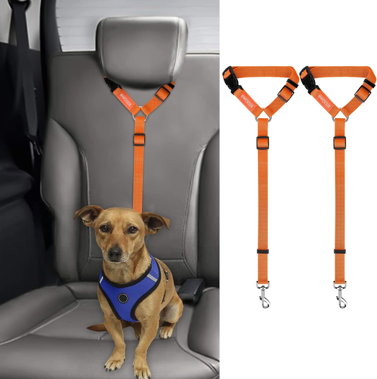 BWOGUE 2 Pack Dog Seat Belt for Car, Headrest Restraint Safety Leads | Headrest Loop for Car Travel, 18-30 in Adjustable, 2-in-1 Seat Belt and Leash, 2 Pack for Dogs and Cats, Use with Dog Harness - Image 23