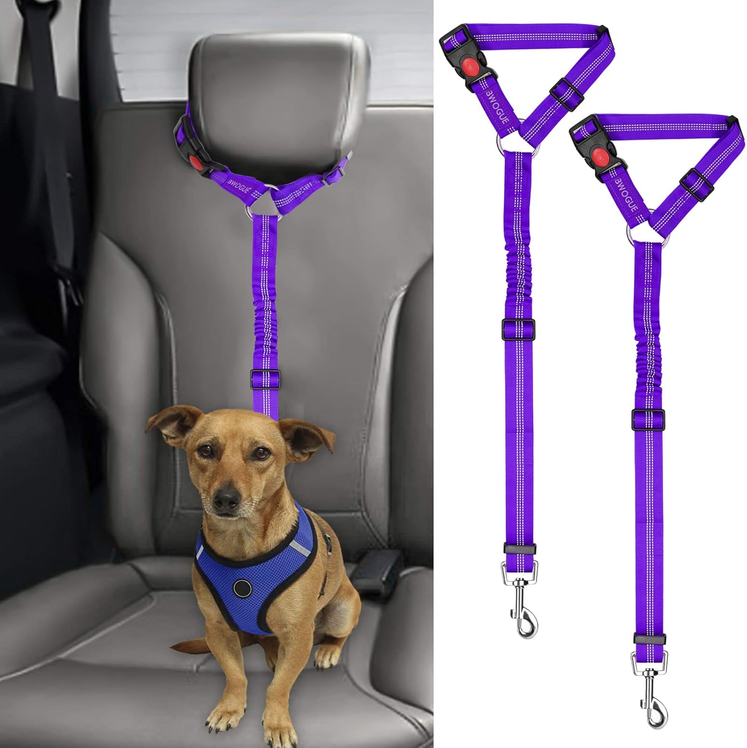 BWOGUE 2 Pack Dog Seat Belt for Car, Headrest Restraint Safety Leads | Headrest Loop for Car Travel, 18-30 in Adjustable, 2-in-1 Seat Belt and Leash, 2 Pack for Dogs and Cats, Use with Dog Harness - Image 13